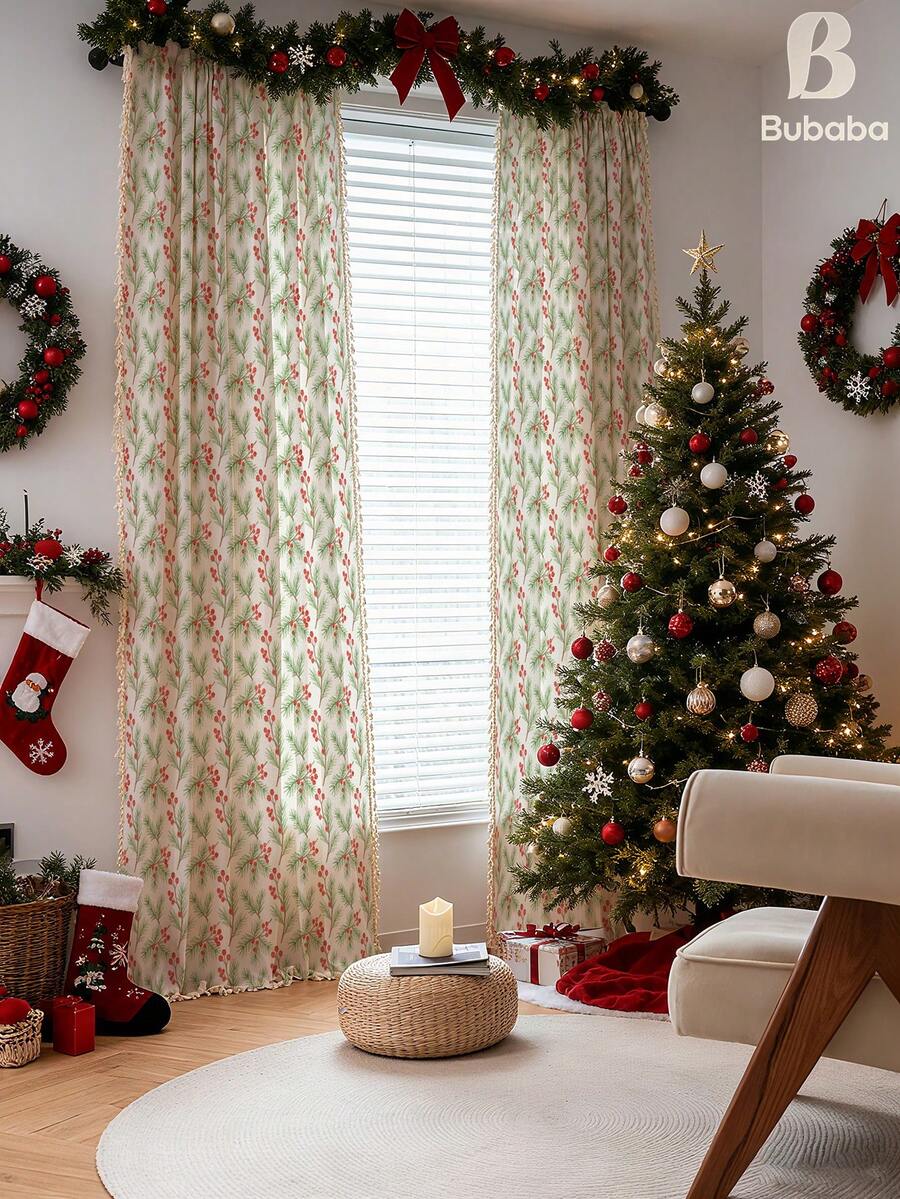 Bubaba 1 pieza Cortina con borlas estilo bohemio en beige, con estampado de hojas verdes y bayas rojas, simple y natural para dormitorio, sala de estar, cocina, hotel, restaurante, adecuada para decoración navideña y de vacaciones