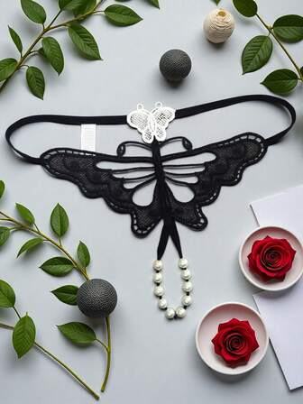 AB. Sexy Lingerie Panty Set With Beaded Butterfly Embroidery, Contrast Color Thong With Bow Accent, Transparent Beaded Panty For Women
