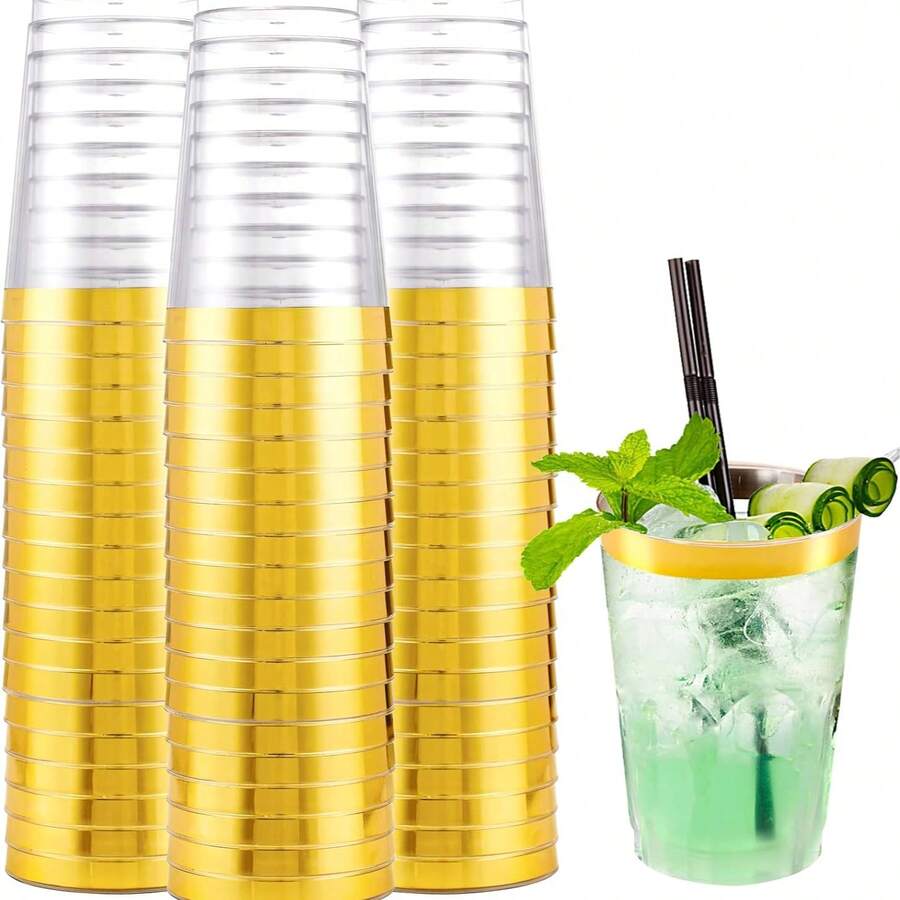 100pcs Gold Rimmed 6.76oz/200ml Reusable Party Cups, Suitable For Wedding, Thanksgiving, Halloween Parties