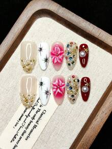 10pcs Handmade Wearable Nail Stickers, Press-On Fake Nails, Christmas & Halloween Gifts, Green, Red, Pink, Christmas Tree Shape, Star Pattern, Fashionable & High-End, Reusable, Essential Gift For Girls Handmade Press On Nails - Multicolor - View 4