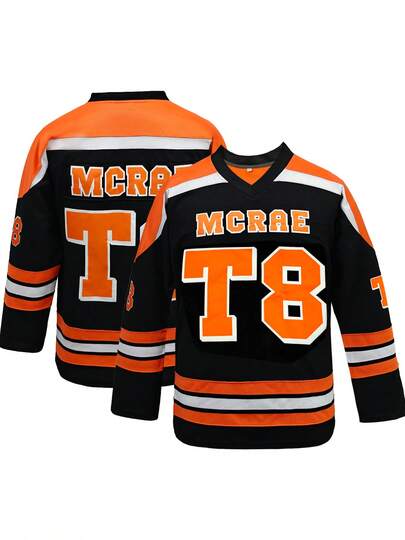 KTYSDE Camiseta de hockey negra y naranja #T8 MCRAE para hombres, sudadera de hockey con diseño de parches bordados, jersey holgado de cuello en V de manga larga, adecuado para otoño/invierno, casual, fiesta, esencial de aficionado, regalo de Navidad