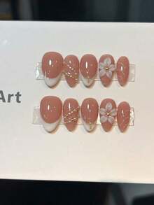 10pcs Short Almond Elegant French 3D Embossed Floral Nail Art Stickers, Cute & Beautiful With Gold Beads And Pearl Decor, Natural Nude Base, Elegant & Fashionable Nail Stickers, Handmade Full Coverage Long Lasting Press On Nails, Suitable For Women And Girls Daily And Party Wear - 彩色 - 查看 4