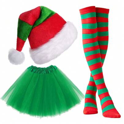 3件套圣诞服装：帽子、绿色连衣裙、条纹长帽