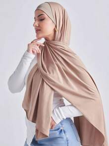 1 buc Eșarfă simplă, clasică, culoare solidă, elegantă, casual, cu margini, eșarfă hijab din jerseu de viscoză tricotată premium, eșarfă lungă în stil turban, potrivită pentru viața de zi cu zi, ieșiri și întâlniri - kaki deschis - Vizualizare 2
