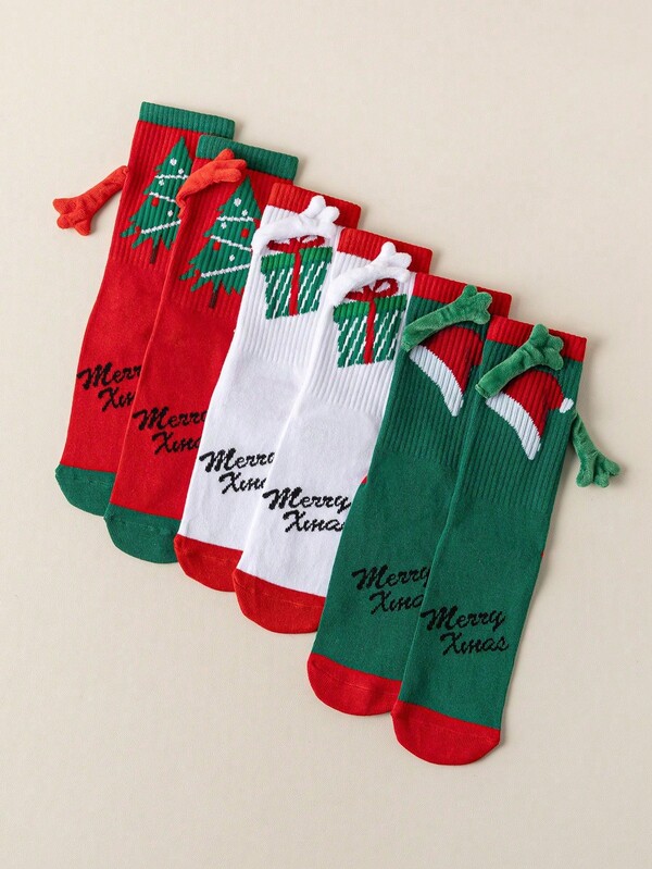 1 par de meias femininas magnéticas com estampa de elementos natalinos em cores aleatórias, meias engraçadas até a panturrilha, outono/inverno