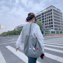 Sanrio 2025 New Women's Denim Handbag, Cute Cartoon Embroidered Shoulder Bag, Large Capacity Canvas Tote Bag, Lightweight Casual Commuter Bag, Adorable Gift Choice - Multicolor - View 2