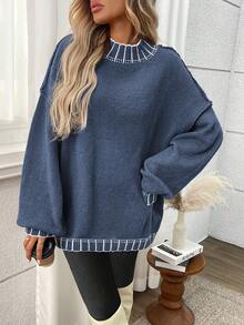 大码休闲圆领条纹撞色针织套头衫