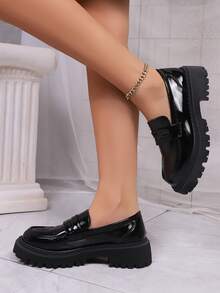 Mocassins Femininos De Sola Grossa, Novos, Moda Plus Size, Pretos, Simples, Primavera/Outono 2025 - Couro envernizado preto - Ver 3