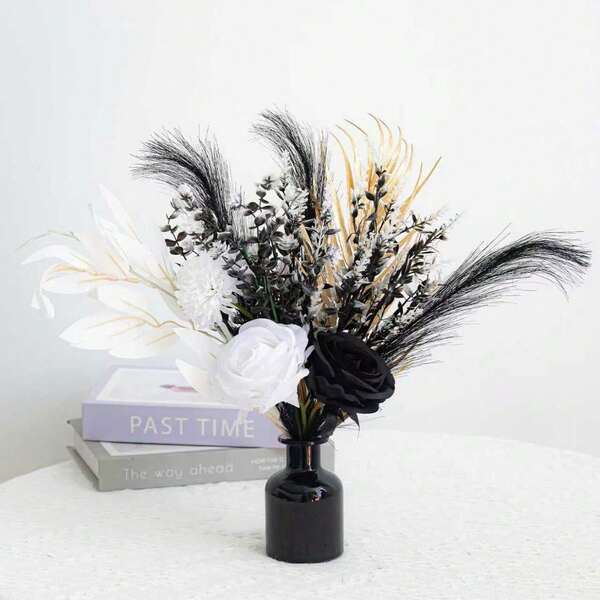 1 Set de ramo de flores blanco y negro sencillo, decoración de hogar elegante de tela, adecuado para sala de estar, mesa de comedor, decoración de fiesta festiva, Navidad, Halloween, Día de la Madre, Acción de Gracias, decoración de hogar regalo del Día de San Valentín