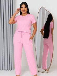 Women's Comfort Casual Sweatshirt Set - 粉紅色的 - 查看 3