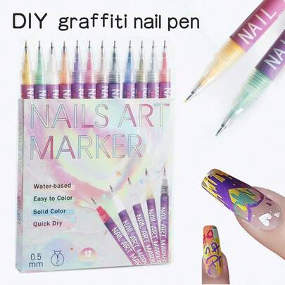 12 Colors Nail Art Pens, DIY Painting Graffiti Nail Art Highlight Edging Pens, Nail Markers, Acrylic Marker Pen Set