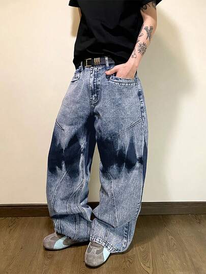 1pc Justice Brother Distressed Patchwork Straight Leg Jeans, Casual Streetwear Loose Fit Denim Pants
