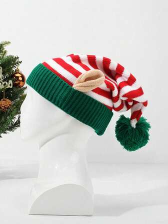 1pc Unisex Red & Green Striped Christmas Hat, Christmas Party Hat, Warm Knit Beanie With Pom Pom, Cosplay Santa Hat, Christmas Gift, Suitable For Christmas Wear