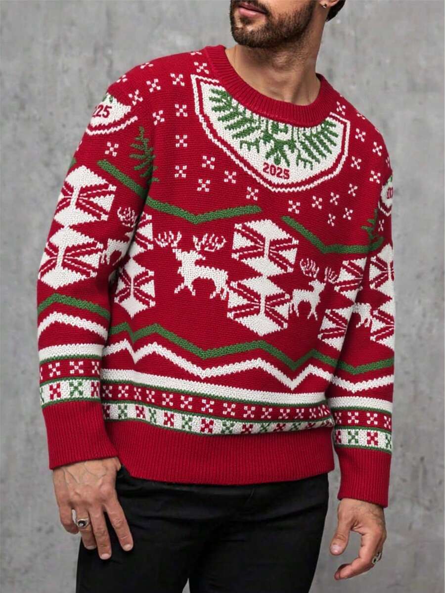 Suéter masculino de Natal, suéter vermelho com estampa de rena, novo estilo 2025