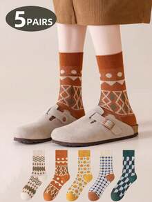 5 Pairs Classic Retro Comfortable Soft Casual Simple Women's Mid-Calf Socks, Versatile Gift For Autumn/Winter