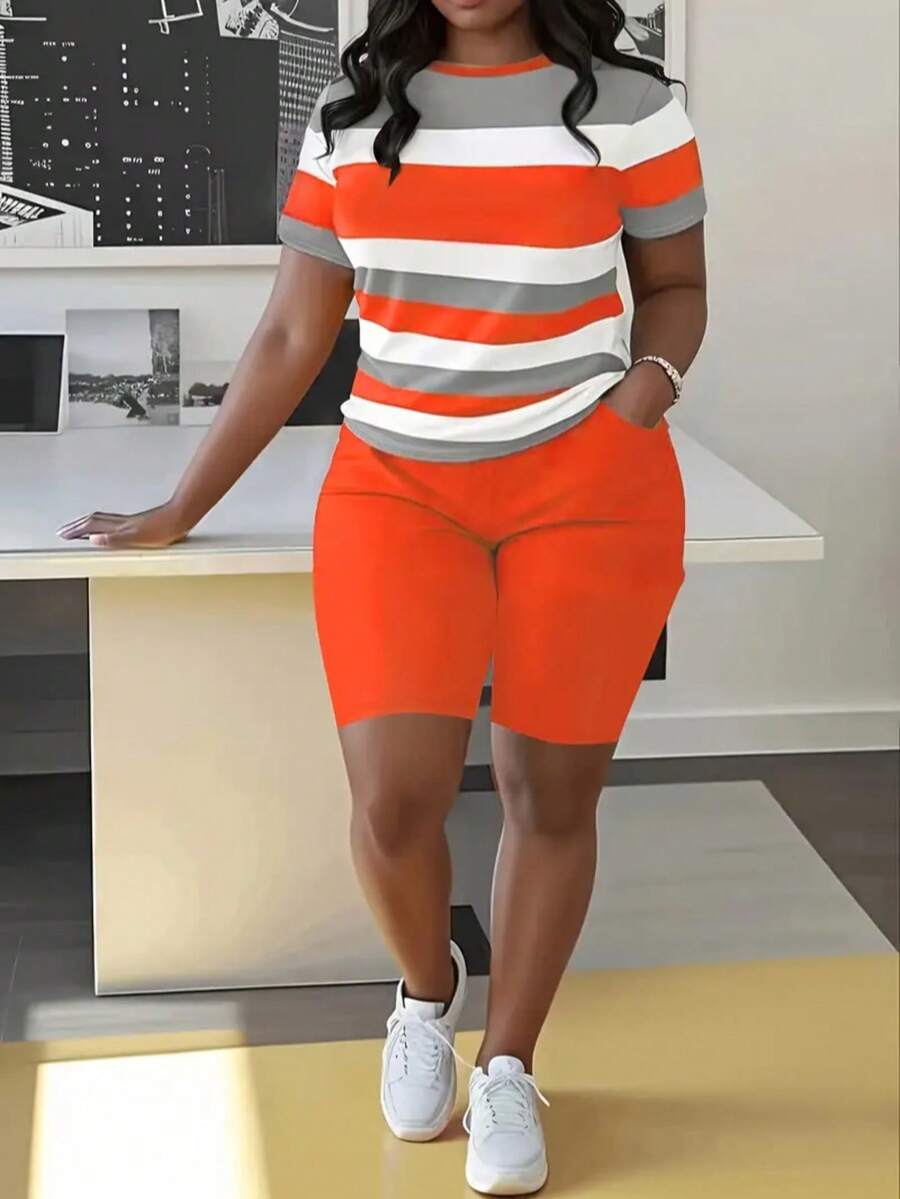 Plus Size Women's Fashion Two-Piece Suit, Round Neck Short-Sleeved Top And Shorts Set, Striped Print Short-Sleeved Shorts Two-Piece Suit - Màu Cam cháy - Xem 1