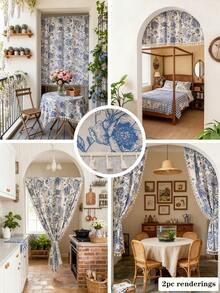 1 pieza Cortina divisoria de habitación con estampado floral azul vintage, flecos beige, diseño sin varilla, fácil instalación, lavable, división de habitación, cortina corta de cocina, protección de privacidad, decoración del hogar, adecuada para sala de estar, dormitorio, cocina, entrada, armario, fiesta temática, todo el año - flores azules - Ver 3