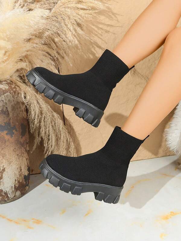 Mother's Day 2025 Classic New Pointed Toe Chunky Heel Women's Boots, Versatile Fashion Ankle Boots, Elastic Mid-Calf Boots, Suitable For Halloween, Party, Wedding, Promotion, Classic New Autumn/Winter, Black Round Toe Thick Bottom Slimming Non-Slip Sole Braided Decoration Design Elegant Lady Skinny Boots, Lady Nude Boots, Women's Fashion Boots