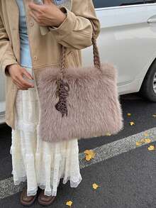 Fashionable Fluffy Casual Minimalist Chic One Shoulder Handbag For Women, Autumn 2025 - Coffee - View 6