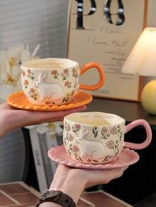 1 Set Floral Rabbit Ceramic Coffee Cup & Saucer Set, European Chic Ceramic Cup & Saucer, High-Quality Household Water Cup, Afternoon Tea Mug, Souvenir, Gift Cup