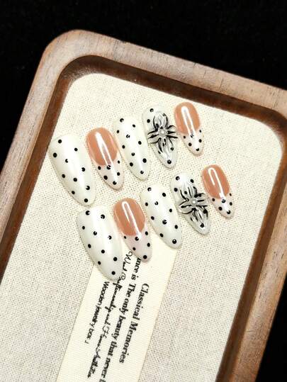 10pcs Handmade Wearable Armor Nail Tips, Press-On Fake Nails, Gift For Girls, Black Polka Dot Cow Pattern, 3D Realistic Fashionable High-End Floral Design, Reusable, Essential Gift For Girls