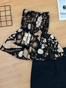 Women's Two Piece Set, Strapless Printed Top And Plain Shorts, Casual Summer Outfit - màu nâu - Xem 2