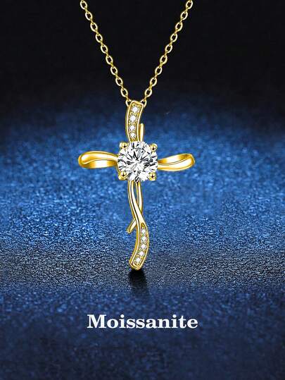 BLOVEMEE 1pc Elegant Luxury 925 Sterling Silver 1 Carat Moissanite Cross Necklace, Suitable For Women's Daily Wear, Party, Vacation, Valentine's Day, Mother's Day, Wedding Anniversary, Women's Jewelry Gift
