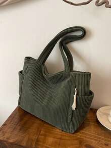 Geantă de damă din catifea reiată, capacitate mare, cu buzunare duble, un umăr