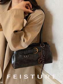 1 pieza Bolso de hombro con decoración de correa vintage, bolso de axila de material de PU con colgante, adecuado para salidas diarias, citas, ir al trabajo - Negro - Ver 4