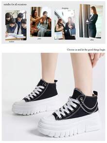 Alan Vincent[帆布鞋系列]厚底帆布鞋 2025 新款女式高帮帆布鞋配银链厚底鞋增高运动鞋女士运动鞋黑色女鞋时尚休闲帆布女鞋