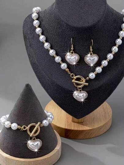 4 قطع/مجموعة مجموعة فريدة من قلادة وسوار وأقراط مزينة بخرز اللؤلؤ الاصطناعي