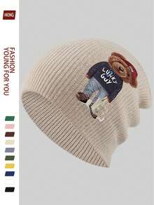 1pc Cartoon Red Hat Teddy Bear Print Fashionable Knitted Beanie Hat, Korean Style Versatile Knit Cap, Soft & Warm Casual Ski Hat, Unisex Autumn/Winter Accessory, Suitable For Skiing, Cycling, Running, Skateboarding, Fitness, Great Gift For Family And Friends On Birthday, Halloween, Christmas - A - View 2