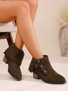 2025 Nuevas botas cortas de tacón grueso y punta afilada para mujer, de estilo occidental vaquero, con diseño plegable, de mediados de pantorrilla y medianos tacones, suela y tacón gruesos con decoración de hebilla, para otoño/invierno, tallas grandes