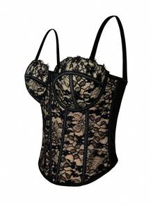 Women's Black Lace Floral Trim Bustier Corset Shapewear