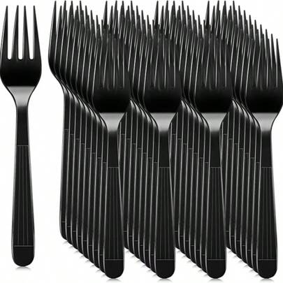 100 Count Black Extra Heavy Duty Black Plastic Forks Disposable, Heat Resistant, Solid And Durable Disposable Forks Bulk, Premium Plastic Forks Heavy Duty For Party Supply, Weddings And Everyday Use