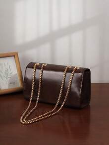 复古时尚女士单肩包，优雅链条斜挎包，纹理皮革小手机袋 - 咖啡棕 - 查看 3