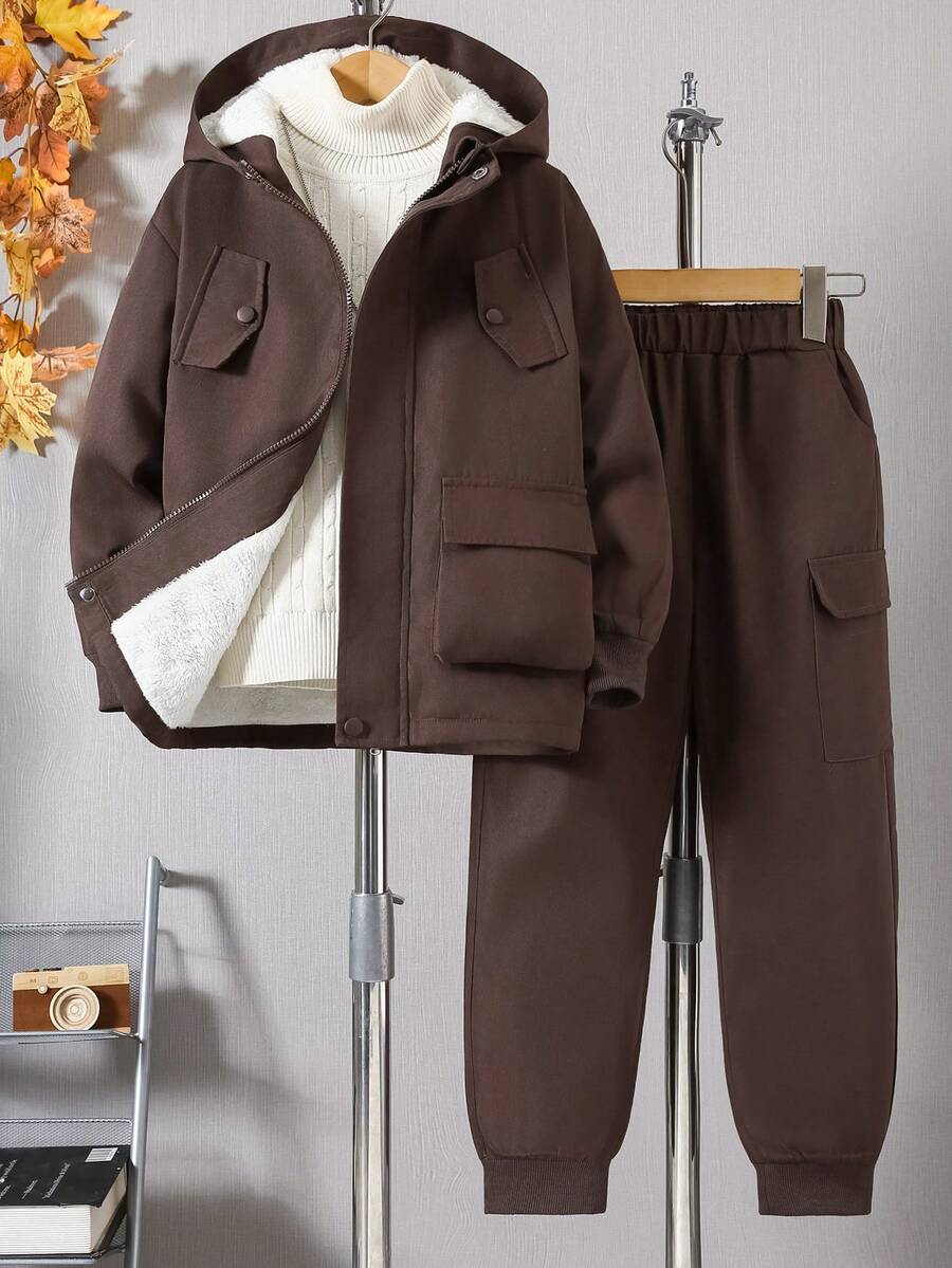 2件套男童休闲保暖连帽外套和工装裤套装，秋冬季 - 棕色 - 查看 1