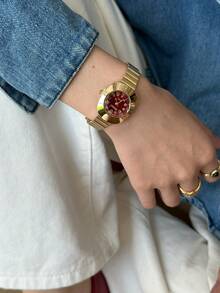 1 pieza Reloj de cuarzo con correa de bambú para mujer, reloj minimalista casual con hebilla plegable, adecuado como regalo de vuelta al colegio, cumpleaños, San Valentín o Año Nuevo - Dorado - Ver 4