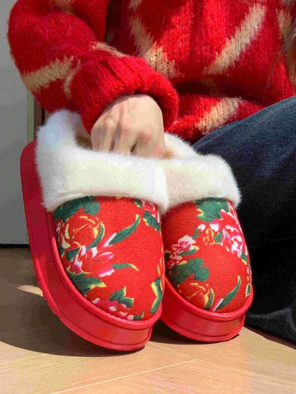 New Cross-Border Northeast Big Flower Padded Warm Slippers, Women Plus Size Autumn/Winter Plush Lining Anti-Slip Thick Sole Indoor Home Slippers, Couple & Maternity Slippers