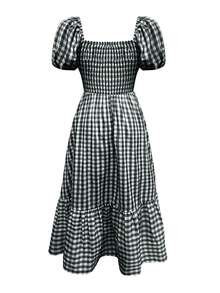 女士格子优雅波西米亚风休闲荷叶边褶皱下摆黑白连衣裙，适合女士新年夜、夏季度假、情人节、生日、优雅派对、节日、沙滩、春季等场合穿着。 - 黑與白 - 查看 6