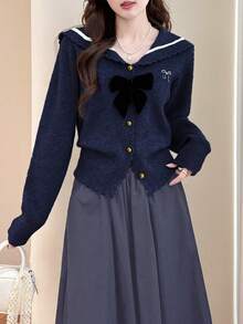 Alicedudu Cardigan vintage bleumarin cu guler decorat cu funde pentru femei, toamnă/iarnă