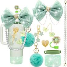 闪亮杯子配件，适用于 30 盎司 40 盎司 20 盎司带手柄的杯子，包括蝴蝶结吸管顶盖、吸管蝴蝶结装饰、皮革水瓶手柄带、靴子