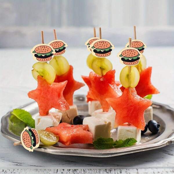 [1/10/25/50/75/100/200pcs/Set] Hamburger Toothpicks, Cocktail Decorative Picks, Multi-Purpose Party Skewers, Sandwich Fruit Cake Sticks For Christmas Party, Birthday, Wedding Dessert Table Decor