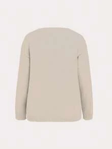 Women's Solid V-Neck Casual Loose Pullover Knit Sweater, Long Sleeve Spring - Apricot - View 2