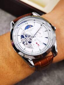 AOKULASIC 1pc Business Skeleton Automatic Mechanical Watch For Men Luminous Hands Leather Strap Fashion Casual Tourbillon Men Watches Gifts With Box - White - View 3