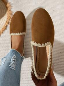 Mocasines de tacón bajo con ribete de punto para mujeres, de punta redonda, con suela suave, cómodos y casuales