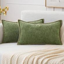 1pc Soft, Comfortable And Skin-Friendly Reversible Chenille Throw Pillow Cover With Stitched Edges, Farmhouse Swan Velvet Pillowcase For Spring/Summer, Decorative Square Cushion Cover For Sofa & Bed - Sage Green - View 5