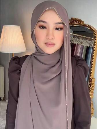 1pc New Arrival Chiffon Gold Chain Scarf, Spring/Summer New Single-Sided Solid Color Minimalist Headscarf For Women