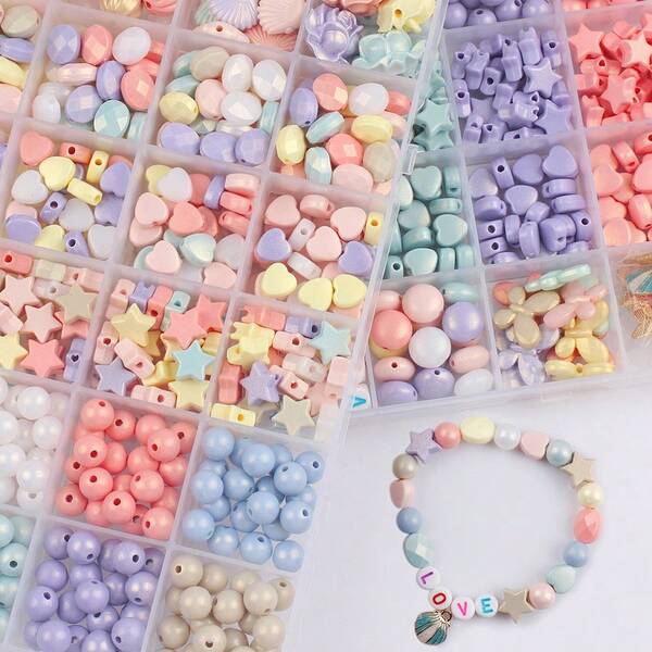 1 Box 12/24 Compartments Multi-Color Beads Accessories, Heart & Pentagram Beads Set, DIY Bracelet & Jewelry Making Kit