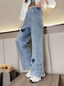 Girls' Light Blue Wide Leg Jeans With Heart Patch, Suitable For 8-15Y, Children Denim Pants, Tween Girl Washed Blue Heart Casual Loose Wide Leg Jeans, Loose Jeans, Girls Fashion Heart Patch Wide Leg Jeans, Elastic Waist, Non-Stretch, Loose & Comfortable Jeans, Streetwear Style For Tween Girls